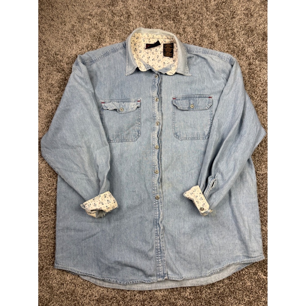 Faded Glory Denim Button Down Shirt XL Light Wash Floral Trim Long Sleeve Womens